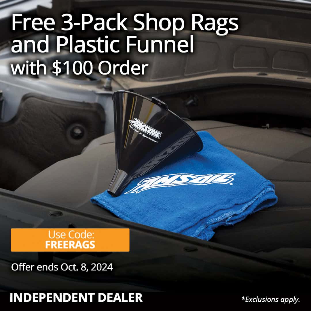 Free 3-pack shop rags and plastic funnel with order of $100 or more Free 3-pack shop rags and plastic funnel with order of $100 or more